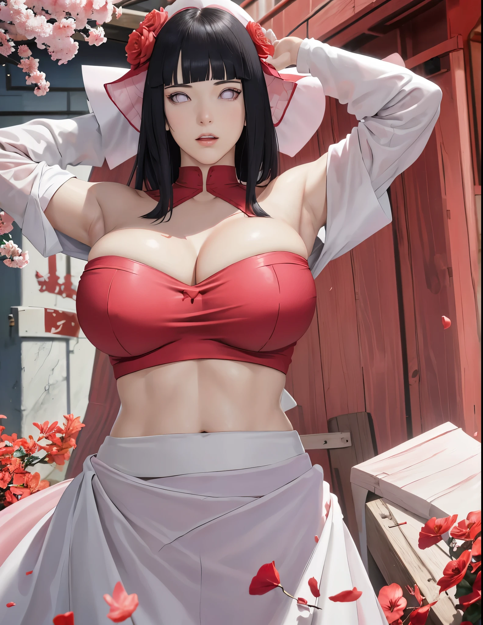 hat (((red and white clothes)))masterpiece, absurdres, hinata\(boruto\), 1girl, solo,mature female, off-shoulder crop top, looking at viewer, (falling petals), perfect composition, detailed lips, big breast, beautiful face, body propotion, blush, (pink lips), long hair,  purple eyes,  soft gaze,  super realistic, detailed, photoshoot, realistic face and body,  expression, seductive expression,(very huge bare tits)( red microdress )