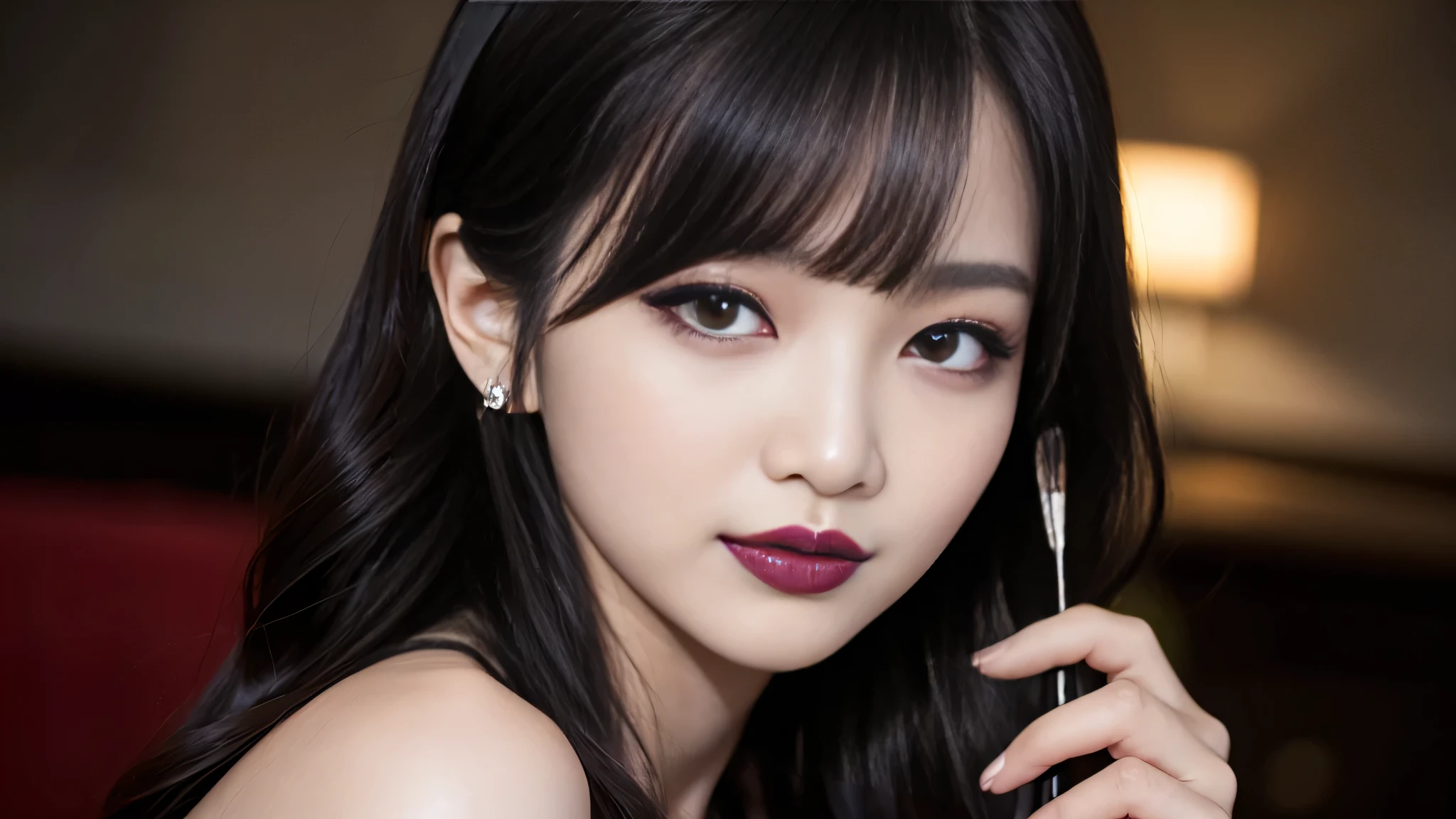 One woman、best quality、ultra-detailed、4k、Japanese、Seductive beauty、seductive adult woman、Pretty Woman、cool girl、Villainess、Brainwash、Fallen into evil、smirk、Evil look、Wicked Smile、evil、Brown hair、wavy hair、swept bangs、dark makeup、dark makeup、piercing eyes、hollow eyes,half-closed eyes、Hollow Eyes、Purple Eyeshadow、black lipstick、black lipglos、Long Black Cheongsam、Wide sleeves、night、inside darkroom、Have a makeup brush、Taking medicine capsules、Emblem of Evil、Crest of Darkness、Swear allegiance、I have pledged my allegiance、Dye black、Blackening、Stained with evil、Dyed in darkness、Spread your hands、Seduce