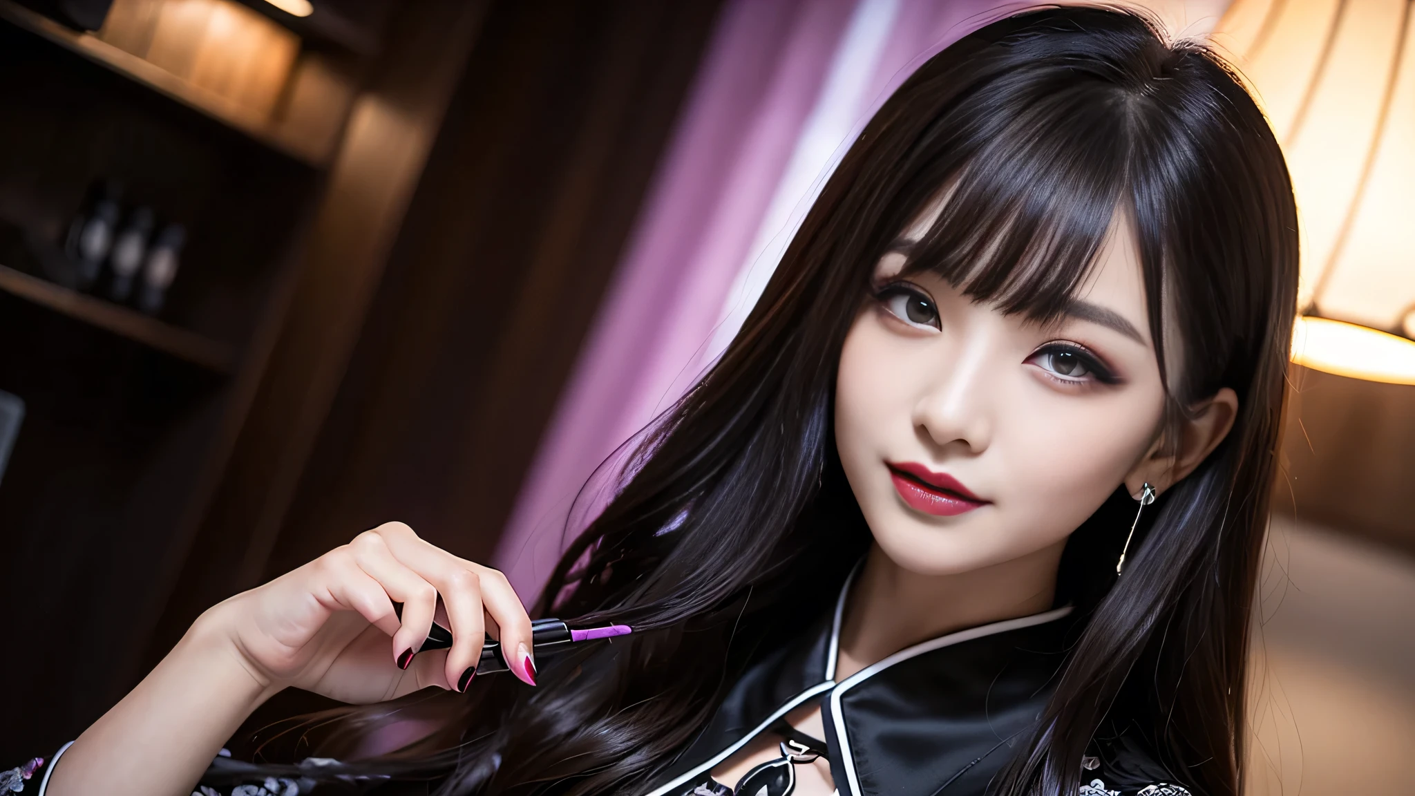 One woman、best quality、ultra-detailed、4k、Japanese、Seductive beauty、seductive adult woman、Pretty Woman、cool girl、Villainess、Brainwash、Fallen into evil、smirk、Evil look、Wicked Smile、evil、Brown hair、wavy hair、swept bangs、dark makeup、dark makeup、piercing eyes、hollow eyes,half-closed eyes、Hollow Eyes、Purple Eyeshadow、black lipstick、black lipglos、Long Black Cheongsam、Wide sleeves、night、inside darkroom、Have a makeup brush、Taking medicine capsules、Emblem of Evil、Crest of Darkness、Swear allegiance、I have pledged my allegiance、Dye black、Blackening、Stained with evil、Dyed in darkness、Spread your hands、Seduce