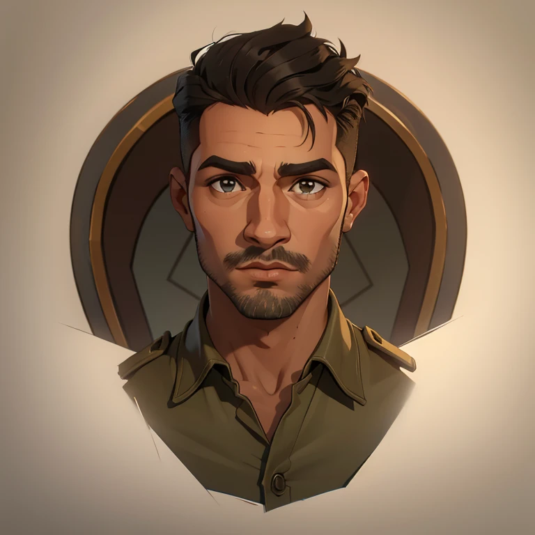 (obra de arte, melhor qualidade), (profundidade de campos:1.2) Um jovem de 27 anos com cabelo castanho curto e crespo, olhos castanhos, um nariz chato, corpo magro, ((retrato)), usando uniforme militar camuflado ao estilo americano, perspectivas diferentes