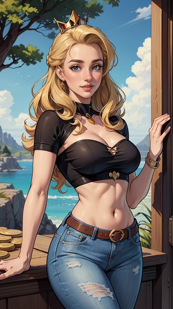 mulher de 35 anos, very long blonde hair down to the waist and half curly with bangs, seios pequenos, olhos grandes com um brilho apaixonado, olhos verdes mel, Um lindo sorriso, vestindo uma camiseta preta longa com um terno feminino verde e jeans, in a serious and sweet comic-style pose, alta qualidadePersonagem mulher estilo atompunk Fiona rainha Anna de Arendelle com marcas de guerras Imagem de desenho animado de uma mulher .Ilustra??o estilo desenho animado, estilo de arte dos desenhos animados, estilo de arte dos desenhos animados, digital illustration style, estilo atompunk design de personagens altamente detalhado, arte digital detalhada coragem, Forest fan art, Design de personagens de retrato, beautiful digital illustration, retrato de alta qualidade, Arte em quadrinhos, mulher jovem cabelo com transas lindas . Queen Anna of ArendelleBeautiful lined eyes Medium large bust and wonderful sexy clothes. image expression of sexual desire from waist to head illustration Queen Anne of Arendelle atompunk style Fallout 4 style pose playboy magazine sensual witch Character cartoon style facial expression happy beautiful smile and six medium small portrait mode waist up with lots of gold around her other stones portrait precious mode waist up queen of the south Jennifer Connelly GTA scenery dominatrix gold coins chest with jewelry with her boyfriend, um homem com barba preta, armado com um estilo militar,