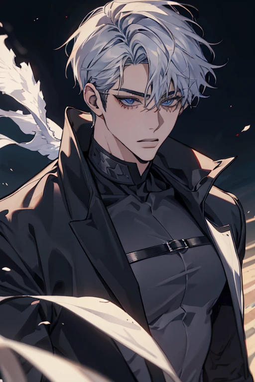 Manhwa Arte Europeo, homem de 25 anos, Pelo desordenado de la cabecera, Cabelo preto azeviche, Olhos penetrantes, sobrancelhas grossas, Use uma fantasia de vampiro, olhos amarelos, orelhas pontudas, presas saindo de sua boca, sangue escorrendo de sua boca, threatening, sensual, sensual, queixo afiado, mirada penetrante, Personagem frio e misterioso, 8k, recursos detalhados, muito bonito