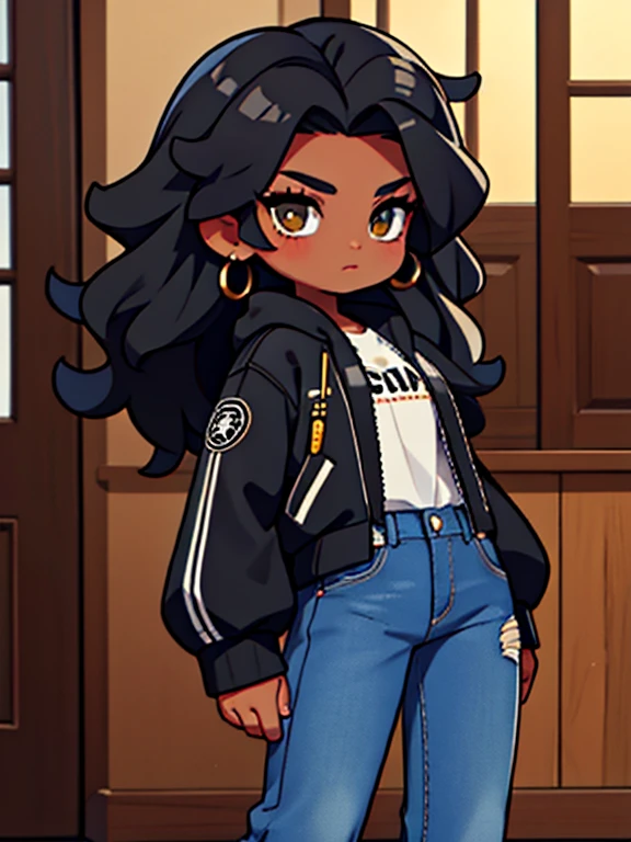pelo negro, long eyelashes, ,(Chaqueta de cuero negra y jeans negros.