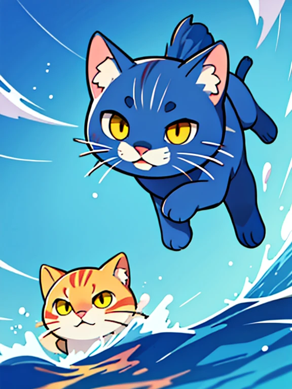 Gato anime corriendo en el agua，Burbujeo en la boca, visual anime de un lindo gato, gato animado