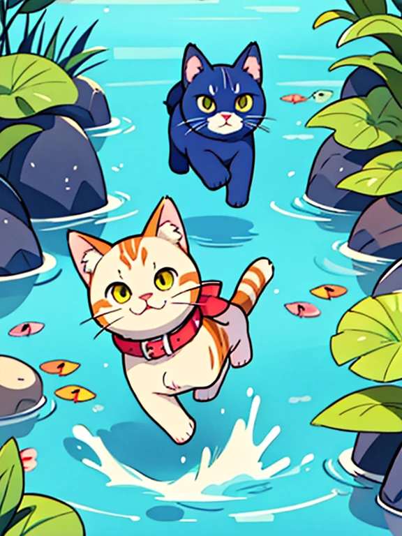 Gato anime corriendo en el agua,Burbujeo en la boca, visual anime de un lindo gato, gato animado