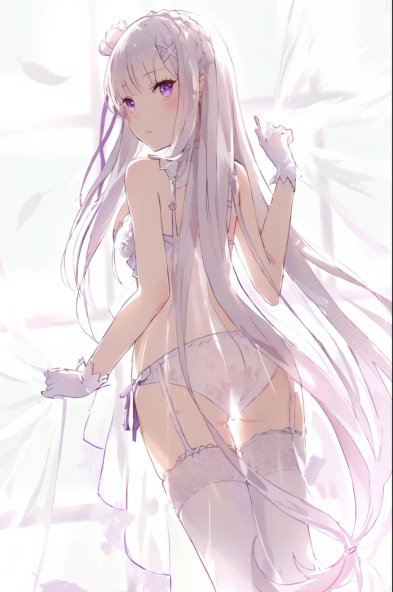 Emilia re:zero, purple eyes, Emilia, crown braid, x hair ornament, flower hair ornament, white hair, long hair, medium breasts, anime girl in lingerie with long hair and purple eyes, seductive anime girl, by Shitao, anime barbie in white stockings, digital art on pixiv, smooth anime cg art, twintails white_gloves, [ 4 k digital art ]!!, zerochan art, nightcore, at pixiv, white haired deity, , guweiz