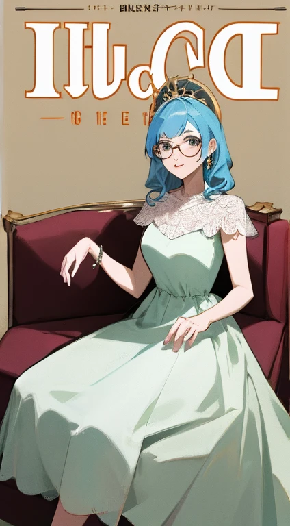（obra de arte：1.3）， melhor qualidade， arte oficial， capa de uma revista， Ultra detalhado， 1 garota， Elegant dress， a sala de estar， Sit on the sofa， cabelos compridos， cachos， cabelo castanho， de olhos azuis， glasses， jewelry， Artação [Aaron Horkey|lisa franca]，