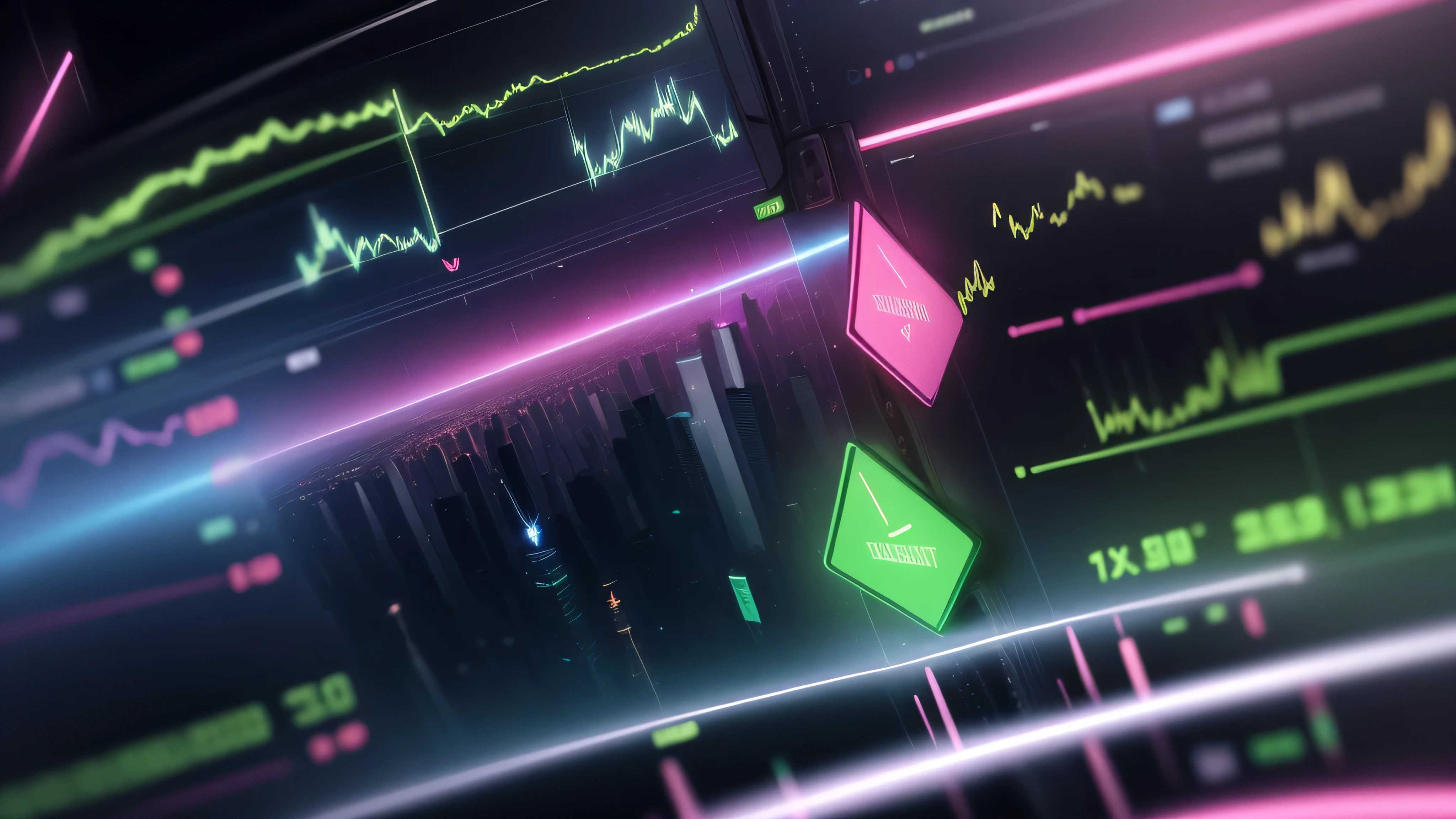 In the pulsating heart of the bustling city, a towering neon sign illuminates the night sky. The sign, in vivid hues of pink, blue, and green, is shaped like a majestic stock exchange candle chart. Its waxing and waning peaks and valleys flicker and dance, reflecting the ever-changing tides of the financial market. Beneath it, the crowd moves as one, a mass of determined figures, each armed with charts, calculators, and the unyielding hope for profit. The atmosphere is electric with anticipation and the faint, yet persistent, hum of negotiations can be heard all around. The neon candle chart stands as a beacon of opportunity,