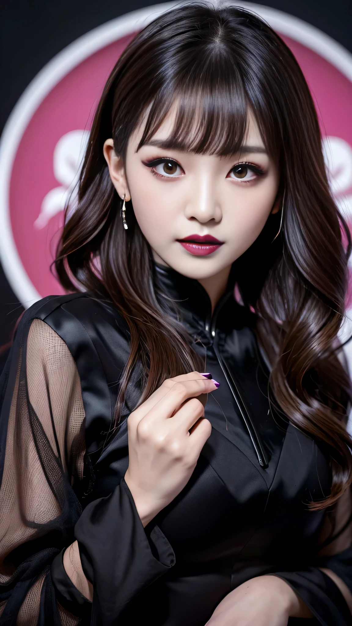 tra-detailed、Japanese、Attractive beauty、seductive adult woman、Pretty Woman、cool girl、brown hair、wavy hair、swept bangs、piercing eyes、hollow eyes、half-closed eyes、Hollow Eyes、Purple Eyeshadow、black lipstick、black lip gloss、dark makeup、smirk、Whisper in my ear、Evil expression、Long Black Cheongsam、Black wide sleeves、Evil cadres、Fallen into evil、brainwash、mind control、evil、Church at night、Swear allegiance、Have lipstick、Are standing