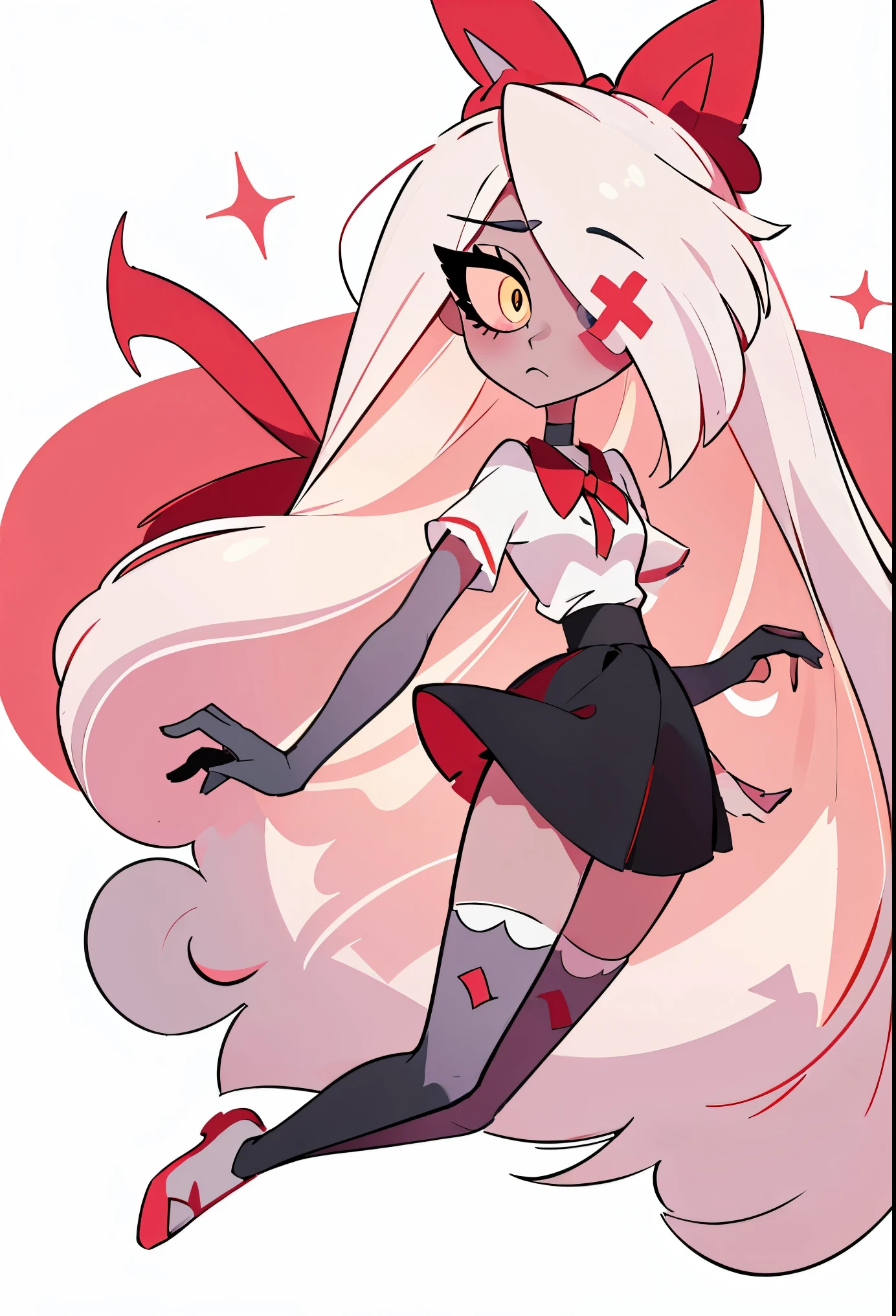 Vaggie from hazbin hotel, 1 girl, solo, masterpiece, best quality, illustration, extremely long white hair, red ribbon on back of head, one eye covered by hair, red x on eye, pretty eyes, sparkling eyes, sweet expression, Good shapes, perfect lines, perfect lineart, professional, good, cute, dinamic pose, (hotel outfit, red shirt, black skirt, black stockings, gloves, bow), grey/gray skin, white hair, pink sclera, yellow pupils, long white hair, pretty lovely face, sweet expression, vaggie outfit, white shoes, red shirt with black collar, grey skin, cute style, lovely