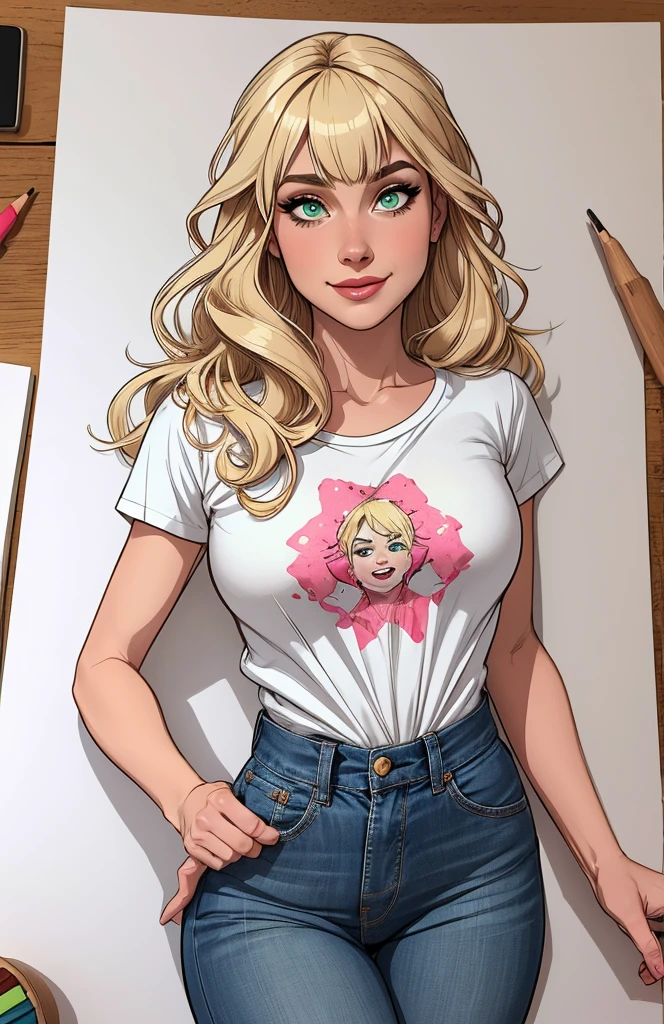 Personagem feminina Imagem de desenho animado de uma mulher .Ilustra??o estilo desenho animado, estilo de arte dos desenhos animados, estilo de arte dos desenhos animados, digital illustration style, design de personagens altamente detalhado, arte digital detalhada coragem, Forest fan art, Design de personagens de retrato, beautiful digital illustration, retrato de alta qualidade, Arte em quadrinhos, mulher jovem cabelo com transas lindas . Beautiful lined eyes Medium large bust and wonderful sexy clothes. image expression of sexual desire from the waist to the 35 year old woman illustration, very long blonde hair down to the waist and half curly with bangs, seios pequenos, olhos grandes com um brilho apaixonado, olhos verdes mel, Um lindo sorriso, vestindo uma camiseta preta longa com um terno feminino verde e jeans, in a serious and sweet comic-style pose, alta qualidadegl