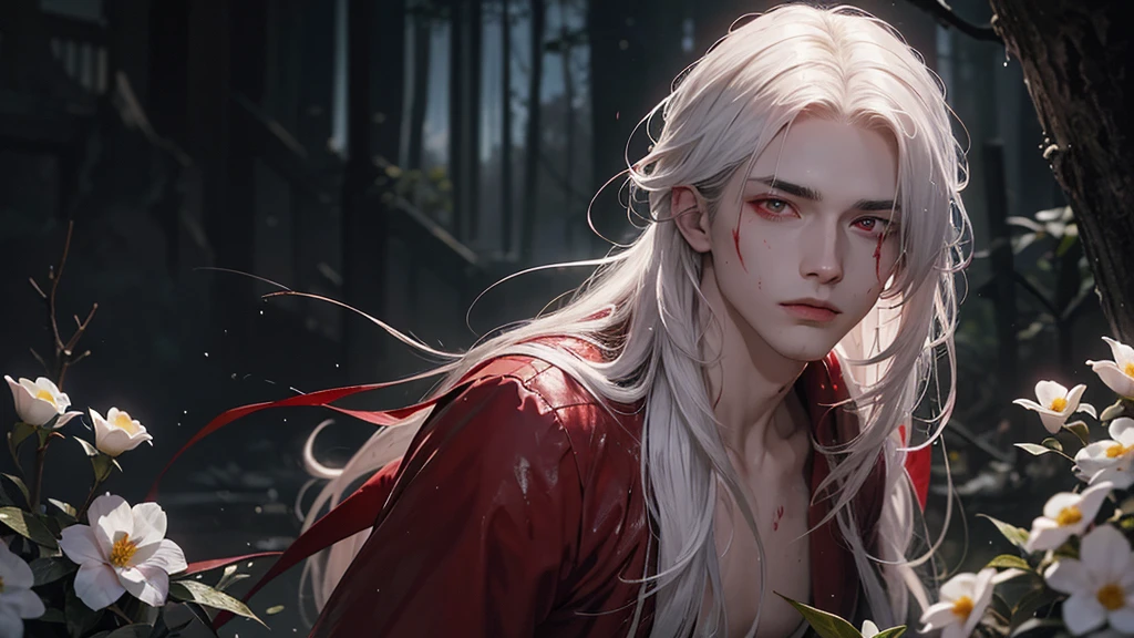 A young man with a slightly effeminate face and long white hair, bathing in blood at night by moonlight, his red eyes illuminated by the moonlight, wet clothes, red and white flowers, ruins, greenery, nature, detailed face, detailed body, detailed eyes, black eyebrows.