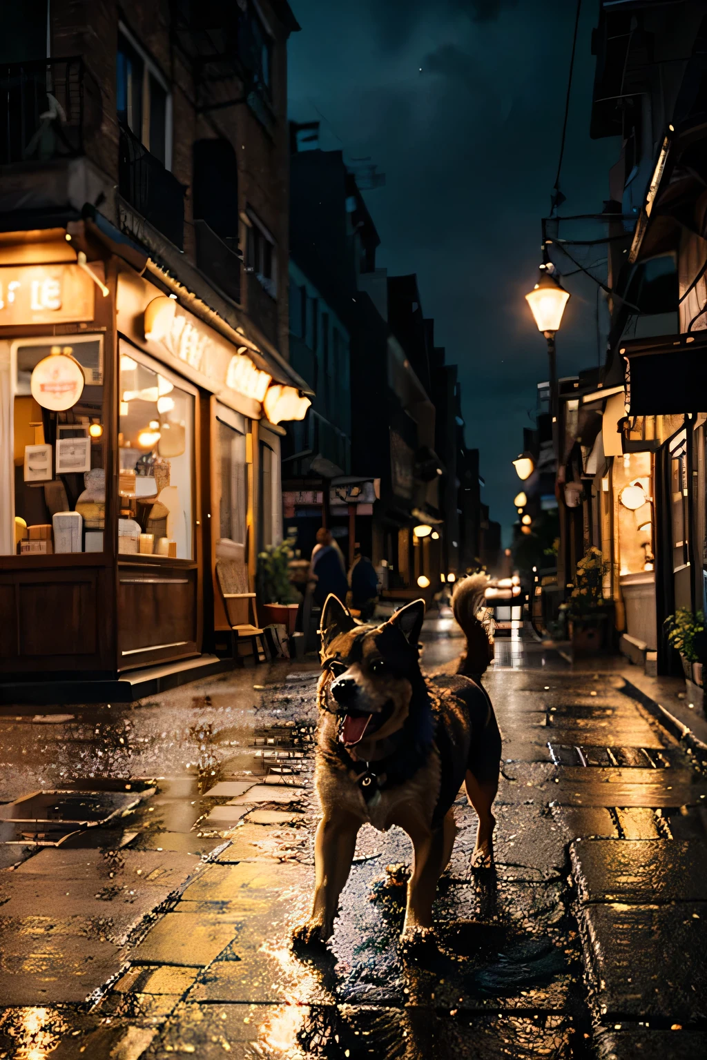 "Imagine a bustling street at night, where a quaint coffee shop stands with its neon sign shining brightly, casting colorful reflections on the wet pavement. In the style of anime, a playful dog dashes across the scene, its cartoonish features adding a whimsical touch to the urban landscape. Write a scene capturing the dynamic energy of the street, the cozy ambiance of the café, and the charming presence of the animated dog as it passes by."