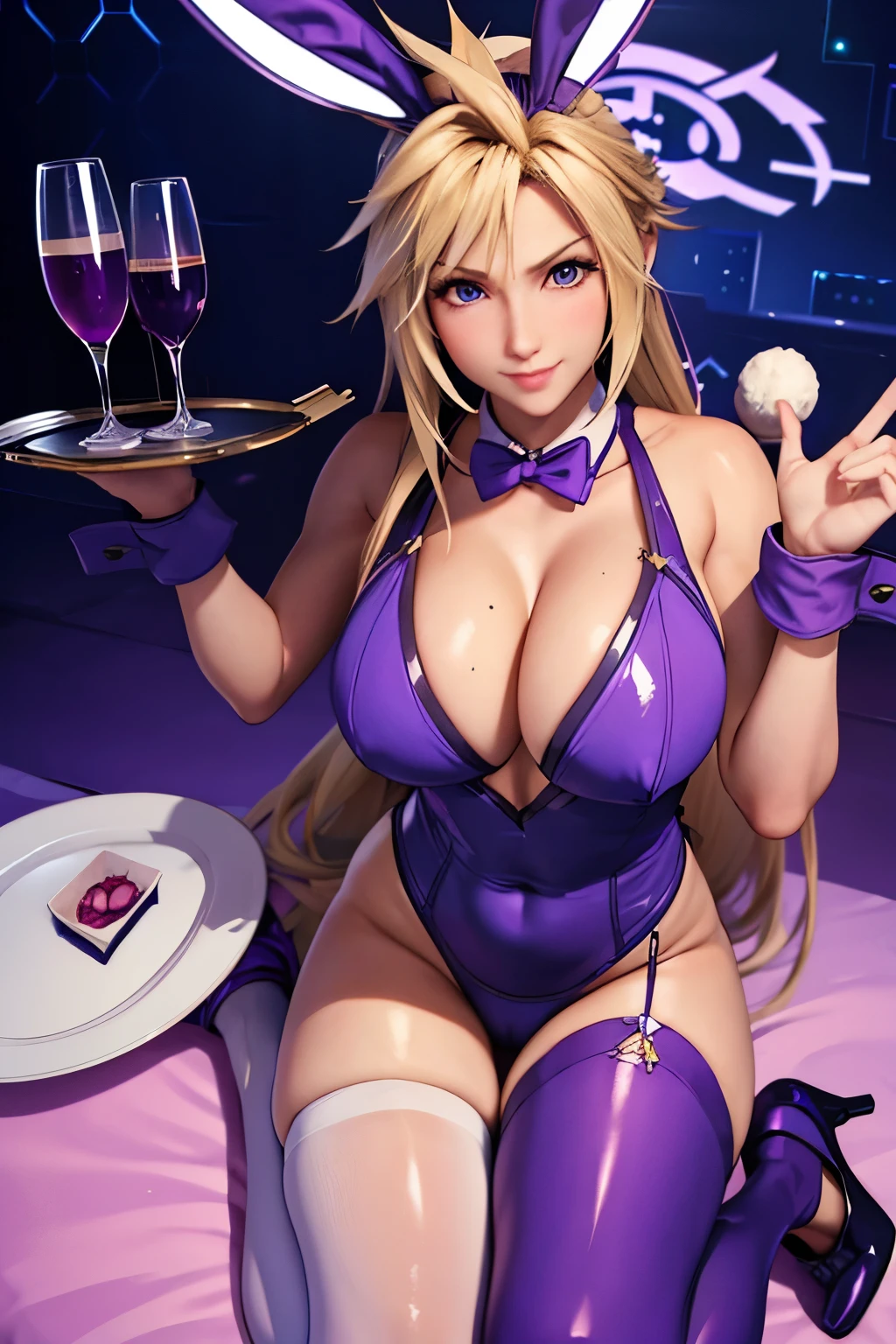 (high quelity), Female Cloud Strife, long hair, purple bunny suit, white thight stockings, high heels, tray on a hand, sexy smile, light blush, looking at viewer, huge breasts, precise hands, sexy pose