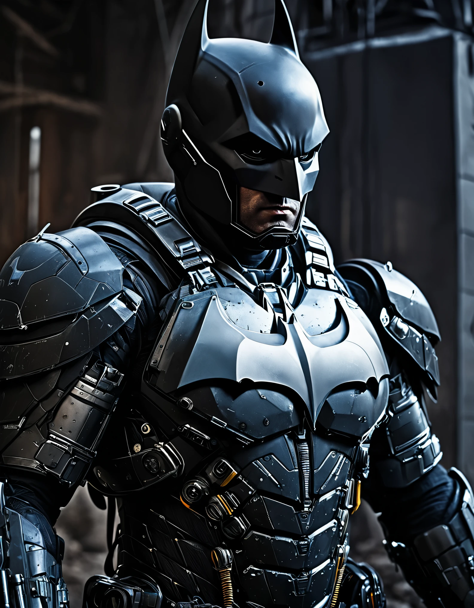 portrait of detailed Batman wearing heavy exosuit , cinematic shot on canon 5d ultra realistic Darek Zabrocki, Neil Blevins, Cedric Peyravernay, sci-fi atmosphere