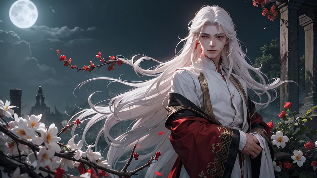 A young man with a slightly effeminate face and long white hair, bathing in blood at night by moonlight, his red eyes illuminated by the moonlight, wet clothes, red and white flowers, ruins, greenery, nature, detailed face, detailed body, detailed eyes, black eyebrows.