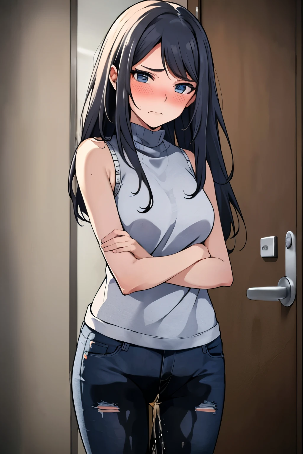 A woman with very long black hair and (very long bangs:1.5), wearing a stylish jacket and tight jeans, standing. The artwork is inspired by manga and incorporates a doujin style. The woman appears to be (wetting herself:1.5), which causes her to feel embarrassed and humiliated, resulting in a blush on her face. In addition, there is an air of anger in her expression. The lighting in the scene is moody, with a spotlight highlighting the woman's figure. She is crossing her arms, (arms crossed:1.5), fully showcasing her jeans., medium breasts