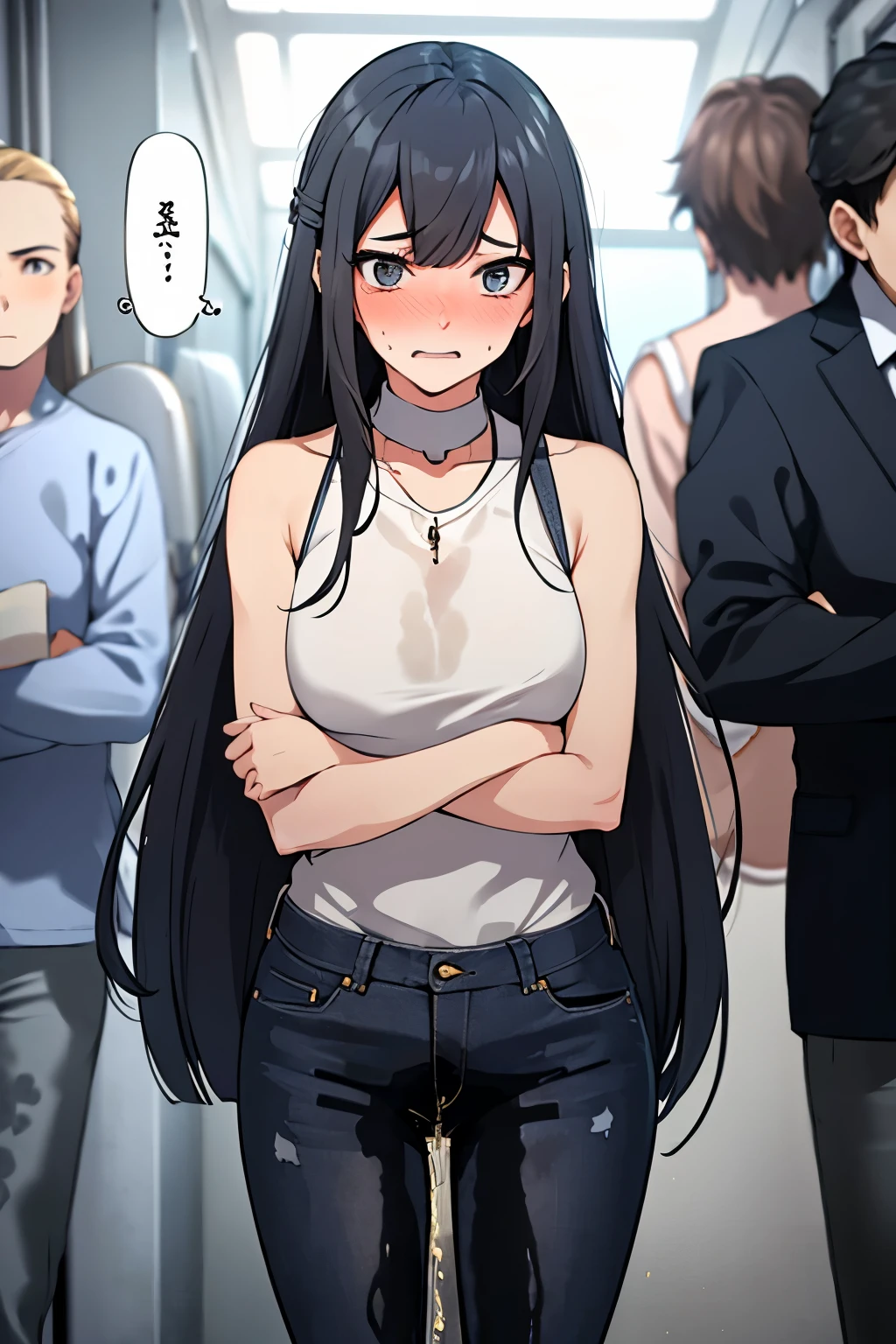 A woman with very long black hair and (very long bangs:1.5), wearing a stylish jacket and tight jeans, standing. The artwork is inspired by manga and incorporates a doujin style. The woman appears to be (wetting herself:1.5), which causes her to feel embarrassed and humiliated, resulting in a blush on her face. In addition, there is an air of anger in her expression. The lighting in the scene is moody, with a spotlight highlighting the woman's figure. She is crossing her arms, (arms crossed:1.5), fully showcasing her jeans., medium breasts