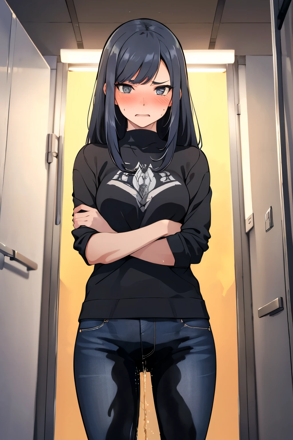 A woman with very long black hair and (very long bangs:1.5), wearing a stylish jacket and tight jeans, standing. The artwork is inspired by manga and incorporates a doujin style. The woman appears to be (wetting herself:1.5), which causes her to feel embarrassed and humiliated, resulting in a blush on her face. In addition, there is an air of anger in her expression. The lighting in the scene is moody, with a spotlight highlighting the woman's figure. She is crossing her arms, (arms crossed:1.5), fully showcasing her jeans., medium breasts