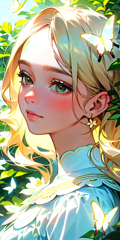 (melhor qualidade, obra de arte, ultra-realistic), 1 beautiful and delicate portrait of a woman with a soft and peaceful expression, the background is a garden with flowers and butterflies flying. --v6