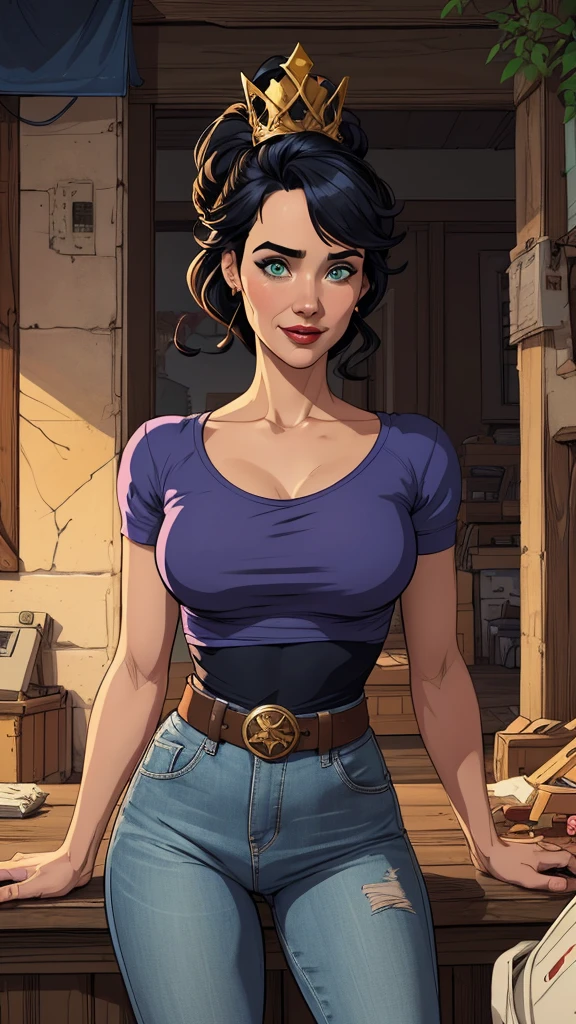 mulher de 35 anos, Jennifer Connelly very long to the waist and half curly with bangs, seios pequenos, olhos grandes com um brilho apaixonado, olhos verdes mel, Um lindo sorriso, vestindo uma camiseta preta longa com um terno feminino verde e jeans, in a serious and sweet comic-style pose, alta qualidade Jennifer Connelly personagem mulher estilo atompunk Fiona rainha Anna de Arendelle com marcas de guerras Imagem de desenho animado de uma mulher .Ilustra??o estilo desenho animado, estilo de arte dos desenhos animados, estilo de arte dos desenhos animados, digital illustration style, estilo atompunk design de personagens altamente detalhado, arte digital detalhada coragem, Forest fan art, Design de personagens de retrato, beautiful digital illustration, retrato de alta qualidade, Arte em quadrinhos, mulher jovem cabelo com transas lindas . Queen Anna of ArendelleBeautiful lined eyes Medium large bust and wonderful sexy clothes. image expression of sexual desire from waist to head illustration Queen Anne of Arendelle atompunk style Fallout 4 style pose playboy magazine sensual witch Character cartoon style facial expression happy beautiful smile and six medium small portrait mode waist up with lots of gold around her other stones portrait precious mode waist up queen of the south Jennifer Connelly GTA scenery dominatrix gold coins chest with jewelry with her boyfriend, um homem com barba preta, armado com um estilo militar, Jennifer Connelly