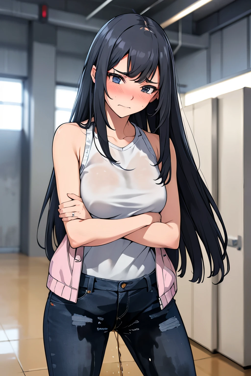 A woman with very long black hair and (very long bangs:1.5), wearing a stylish jacket and tight jeans, standing. The artwork is inspired by manga and incorporates a doujin style. The woman appears to be (wetting herself:1.5), which causes her to feel embarrassed and humiliated, resulting in a blush on her face. In addition, there is an air of anger in her expression. The lighting in the scene is moody, with a spotlight highlighting the woman's figure. She is crossing her arms, (arms crossed:1.5), fully showcasing her jeans., medium breasts