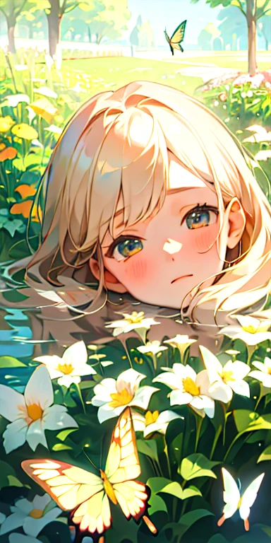 (best quality, masterpiece, ultra-realistic), 1 beautiful delicate portrait of a girl with a soft and peaceful expression, the background scenery is a garden with flowers and butterflies flying around. --v6