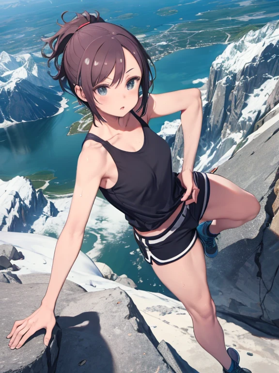 masterpiece、highest quality、High resolution、Very detailed、Medium wide shot、Mature Woman、Rock climber、Climbing the rocky mountain、Dynamic landscapes、Angle from above、Tank top、Shorts、Sweat、