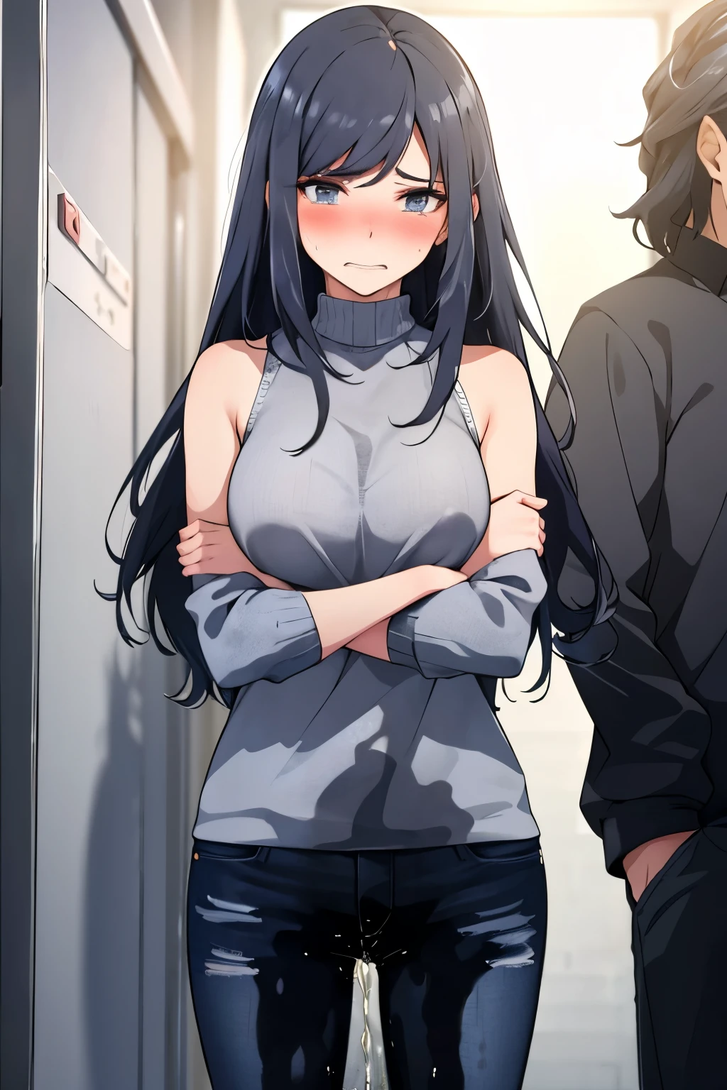 A woman with very long black hair and (very long bangs:1.5), wearing a stylish jacket and tight jeans, standing. The artwork is inspired by manga and incorporates a doujin style. The woman appears to be (wetting herself:1.5), which causes her to feel embarrassed and humiliated, resulting in a blush on her face. In addition, there is an air of anger in her expression. The lighting in the scene is moody, with a spotlight highlighting the woman's figure. She is crossing her arms, (arms crossed:1.5), fully showcasing her jeans., medium breasts