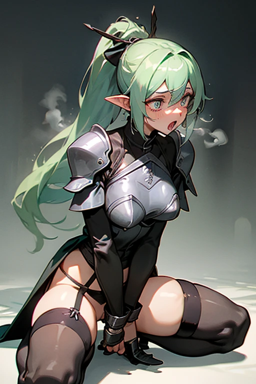 Only One Woman、Light green hair、Long Hair、ponytail、Sharp, pointed ears、Large Breasts、female knight、Wearing black armor、Wearing stockings、garter belt、Urinating in the city、Leaning forward、Spread your legs、Crouching、shortness of breath、Open your mouth、Watery eye、Spilling urine from the crotch、Front of the body、、Bondage、Suppressed、Bound in chains