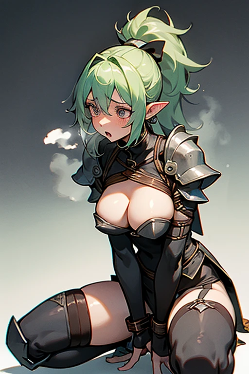 Only One Woman、Light green hair、Long Hair、ponytail、Sharp, pointed ears、Large Breasts、female knight、Wearing black armor、Wearing stockings、garter belt、Urinating in the city、Leaning forward、Spread your legs、Crouching、shortness of breath、Open your mouth、Watery eye、Spilling urine from the crotch、Front of the body、、Bondage、Suppressed、Bound in chains
