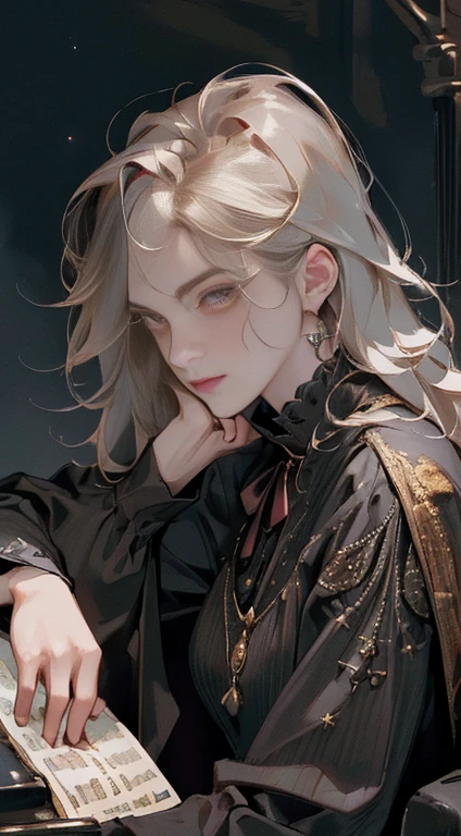 (((8k, original photo, best quality, masterpiece: 1.4))), (((Woman playing piano))), Ultra-high resolution, Ultra Detailed, Light, Arm muscles， Handsome woman, fighting，Red Eyes, (Delicateeyes, Eyes are bright:1.2), Black medium length hair, vampire, dark, Black clothes, Meticulous clothes, Gold accessories on clothes, Fangs, Ancient battlefield，(Perfect anatomical structure:1.2), High quality shadows,  natural Lighting, (White highLights:1.2), night, cloudy day, (neck tattoo:1.2), (Starry Sky:1.2)