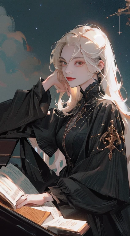 (((8k, original photo, best quality, masterpiece: 1.4))), (((Woman playing piano))), Ultra-high resolution, Ultra Detailed, Light, Arm muscles, Handsome woman, fighting,Red Eyes, (Delicateeyes, Eyes are bright:1.2), Black medium length hair, vampire, dark, Black clothes, Meticulous clothes, Gold accessories on clothes, Fangs, Ancient battlefield,(Perfect anatomical structure:1.2), High quality shadows, natural Lighting, (White highLights:1.2), night, cloudy day, (neck tattoo:1.2), (Starry Sky:1.2)