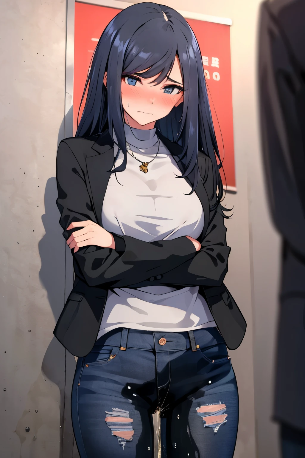 A woman with very long black hair and (very long bangs:1.5), wearing a stylish jacket and tight jeans, standing. The artwork is inspired by manga and incorporates a doujin style. The woman appears to be (wetting herself:1.5), which causes her to feel embarrassed and humiliated, resulting in a blush on her face. In addition, there is an air of anger in her expression. The lighting in the scene is moody, with a spotlight highlighting the woman's figure. She is crossing her arms, (arms crossed:1.5), fully showcasing her jeans., medium breasts