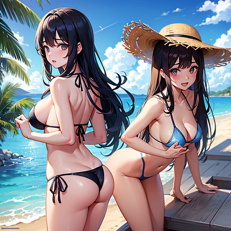 Obra maestra,mejor calidad,high resolution,ultra detallado,bbromin,ancho,cola de caballo,golpes,swimsuit,bikini,bikini rosa,diafragma,pareo de malasia,falda blanca,playa,:D,brazos_behind_Back,propensity_adelante, senos medianos, uno desnudo, uno teniendo sexo estilo perrito, one bosom barely contained
