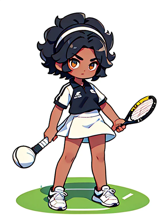 pelo negro,Pelo Corto Bob,ojos negros,cuerpo delgado,Ideal Proportion Body Proportions.,pechos medianos,piel bronceada,,de pie,((uniforme de tenis、Polo blanco、Minifalda plisada blanca)),raqueta de tenis,al aire libre、pista de tenis、
