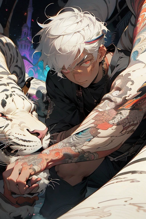 Realism, masterpiece, best quality, beauty and aesthetics, very detailed, fractal art, colorful, most detailed, zentangle, abstract background: 1.5, 1 boy: 1.3, god, white hair, short hair, glowing red eyes, mysterious, magical, ice, handsome man, asian style