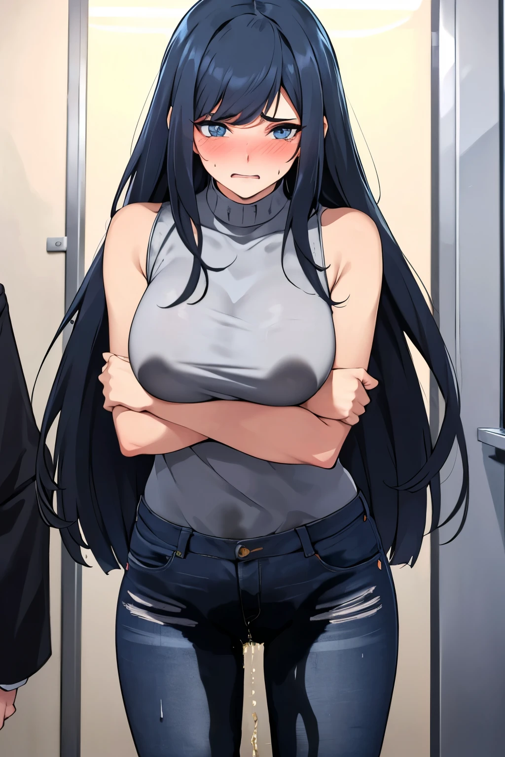 A woman with very long black hair and (very long bangs:1.5), wearing a stylish jacket and tight jeans, standing. The artwork is inspired by manga and incorporates a doujin style. The woman appears to be (wetting herself:1.5), which causes her to feel embarrassed and humiliated, resulting in a blush on her face. In addition, there is an air of anger in her expression. The lighting in the scene is moody, with a spotlight highlighting the woman's figure. She is crossing her arms, (arms crossed:1.5), fully showcasing her jeans., large breasts