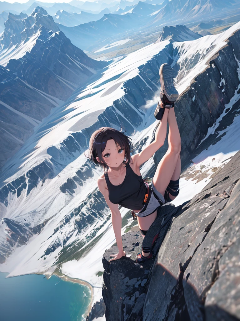 masterpiece、highest quality、High resolution、Very detailed、Medium wide shot、Mature Woman、Rock climber、Climbing the rocky mountain、Dynamic landscapes、Angle from above、Tank top、Shorts、Sweat、