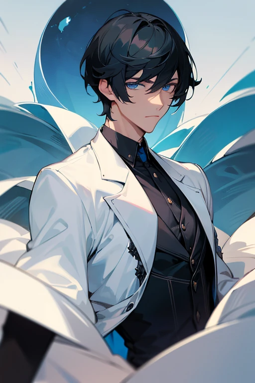 Black short haired, blue eyed, handsome, man, noble, calm, very handsome, formally dressed