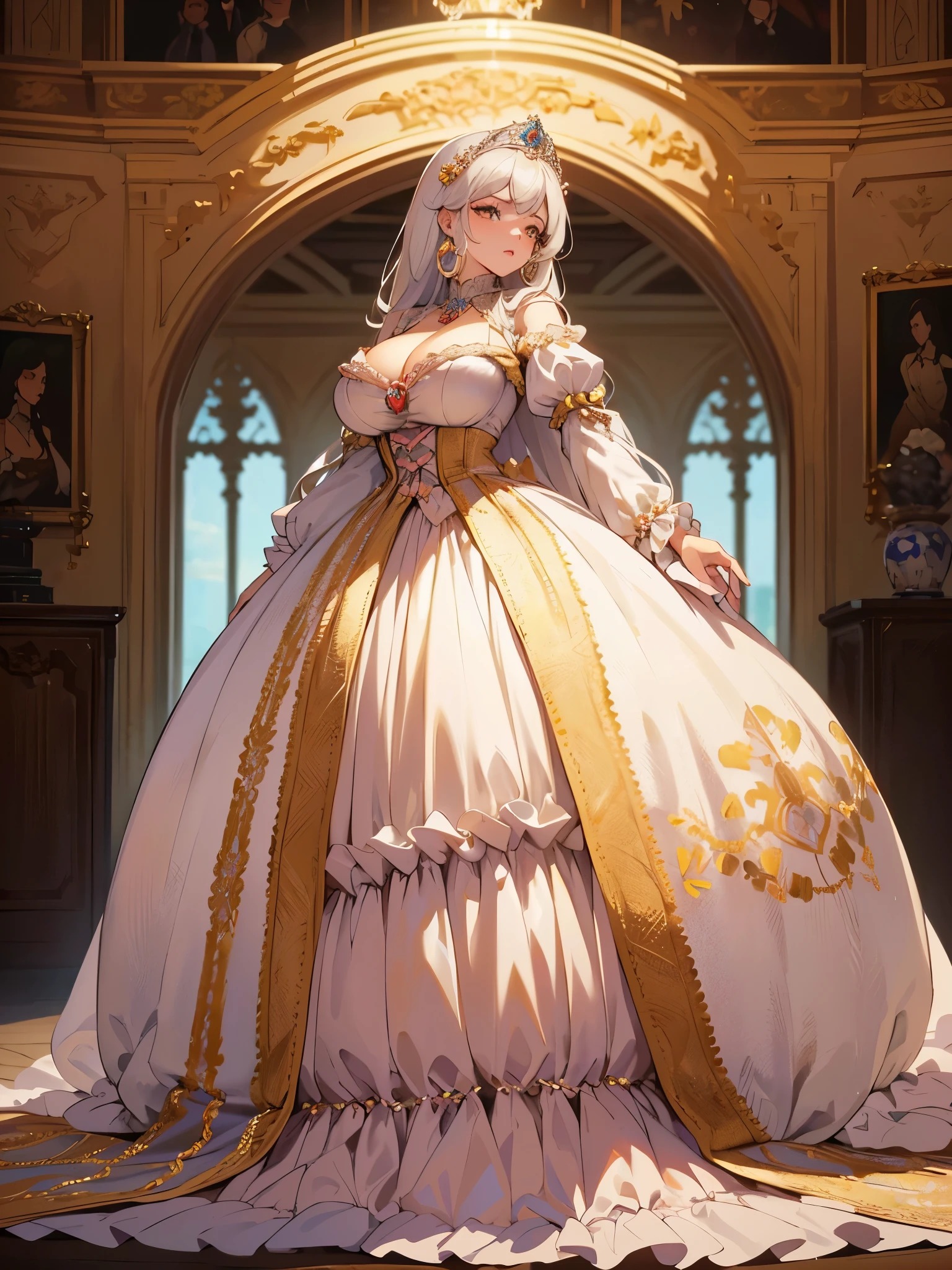 ((moe anime artstyle)),((Masterpiece)),(Best Quality), (Super Detail),((Very Delicate and Beautiful)),((Solo)),full body,(((full body))),((1 bling-bling princess in beautiful embroidery and jeweled gorgeous rococo ball gown with voluminous full-length hoop skirt)),(((absurdly gigantic tits))),((cleavage,curvy)),Skindentation,((detailed face and eyes)),jewel-like eyes,((crinoline,long train)),((standing in the royal palace)),super detailed gorgeous rococo ball gown with voluminous full length hoop skirt and long train,(((super detailed bling-bling gorgeous rococo ball gown with beautiful embroidery and jeweled))),((large amount of straight hair, absurdly long hair,Very Long Straight Hair)),extremely gorgeousfull hair ornament,(bling-bling extremely gorgeous jeweled tiara),luxurious jewelry,full body,((super detailed beautiful embroidery and jeweled gorgeous ball gown with voluminous full-length hoop skirt))