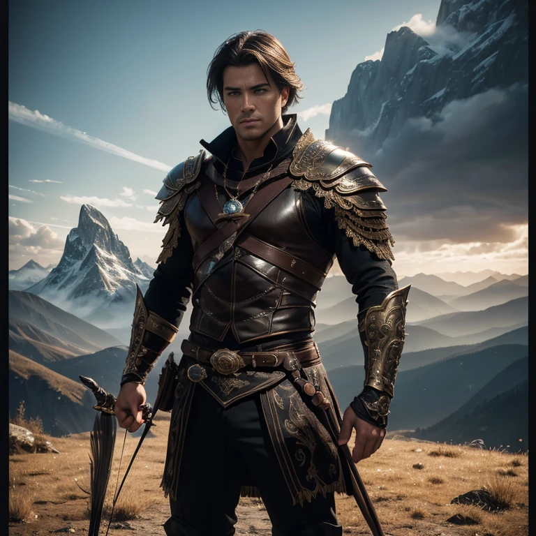 (master piece:1.5), (best quality:1.5), (exquisite lighting and shadow, highly dramatic picture, cinematic lens effect) (Photorealistic picture) (Card game image) 8k, wallpaper, dynamic pose, full body male eagle man archer wearing an intricate elaborate black armor with white ornaments, holding a bow, standing up un a tower, mountains at the far distance, ethereal lighting, sharp focus, highly detailed, realistic, cinematic lighting, studio quality