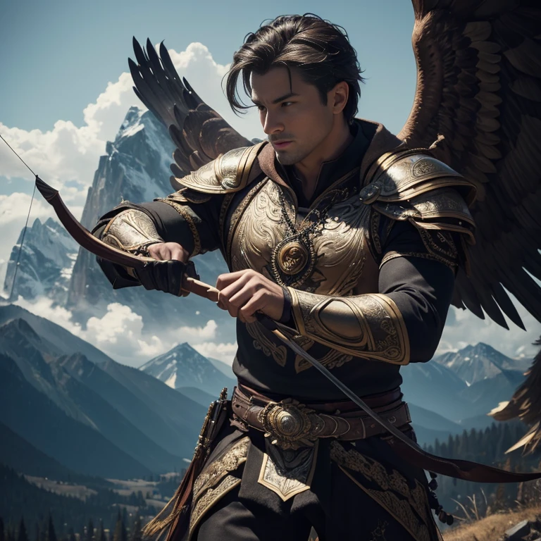 (master piece:1.5), (best quality:1.5), (exquisite lighting and shadow, highly dramatic picture, cinematic lens effect) (Photorealistic picture) (Card game image) 8k, wallpaper, dynamic pose, full body male eagle man archer wearing an intricate elaborate black armor with white ornaments, holding a bow, standing up un a tower, mountains at the far distance, ethereal lighting, sharp focus, highly detailed, realistic, cinematic lighting, studio quality