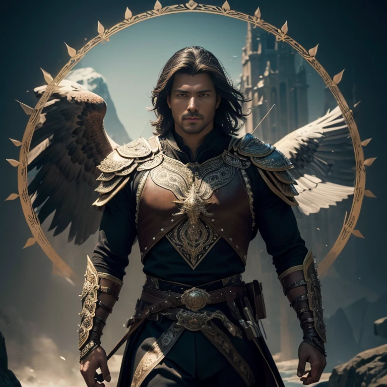 (master piece:1.5), (best quality:1.5), (exquisite lighting and shadow, highly dramatic picture, cinematic lens effect) (Photorealistic picture) (Card game image) 8k, wallpaper, dynamic pose, full body male eagle man archer wearing an intricate elaborate black armor with white ornaments, holding a bow, standing up un a tower, mountains at the far distance, ethereal lighting, sharp focus, highly detailed, realistic, cinematic lighting, studio quality

