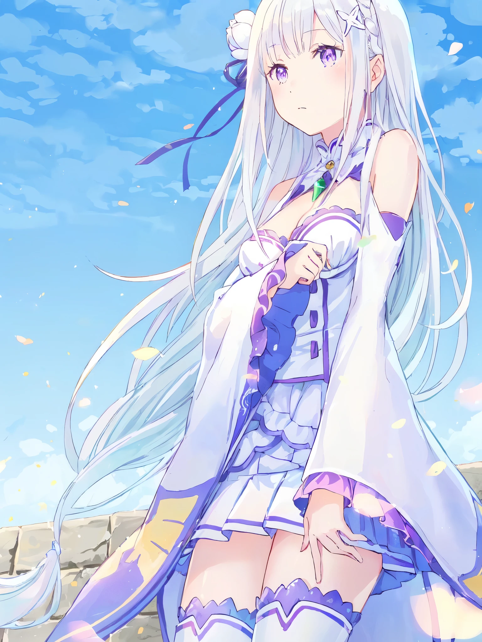 Emilia re:zero, purple eyes, Emilia, crown braid, x hair ornament, flower hair ornament, white hair, long hair, medium breasts, anime girl with long white hair and blue dress standing in front of a stone wall, white haired deity, anime goddess, rezero, white haired, anime girl with long hair, perfect white haired girl, rimuru tempest, cute anime waifu in a nice dress, alchemist girl, girl with white hair, zerochan art, beautiful anime girl, with long white hair
