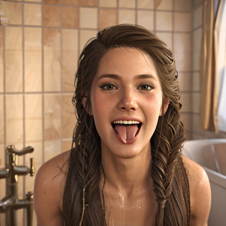 Long hair, naked, 8k quality, beautiful face, head, shy, open mouth with tongue, happy smiling, cum on tongue, cum on hair, cum on cheeks, bathroom, wet, wet hair 