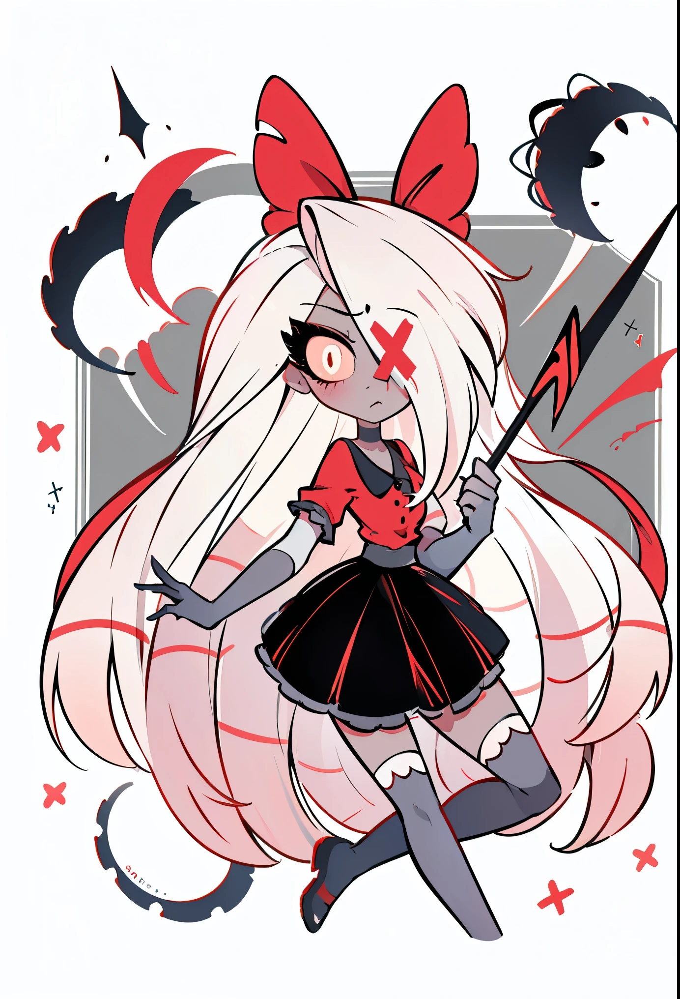 Vaggie from hazbin hotel, 1 girl, solo, masterpiece, best quality, illustration, extremely long white hair, red ribbon on back of head, one eye covered by hair, red x on eye, pretty eyes, sparkling eyes, sweet expression, Good shapes, perfect lines, perfect lineart, professional, good, cute, dinamic pose, (hotel outfit, red shirt, black skirt, stockings, gloves, bow), grey/gray skin, white hair, pink sclera, yellow pupils, long white hair,  pretty lovely face, sweet expression, vaggie outfit, white shoes, red shirt with black collar, grey skin, cute style, lovely