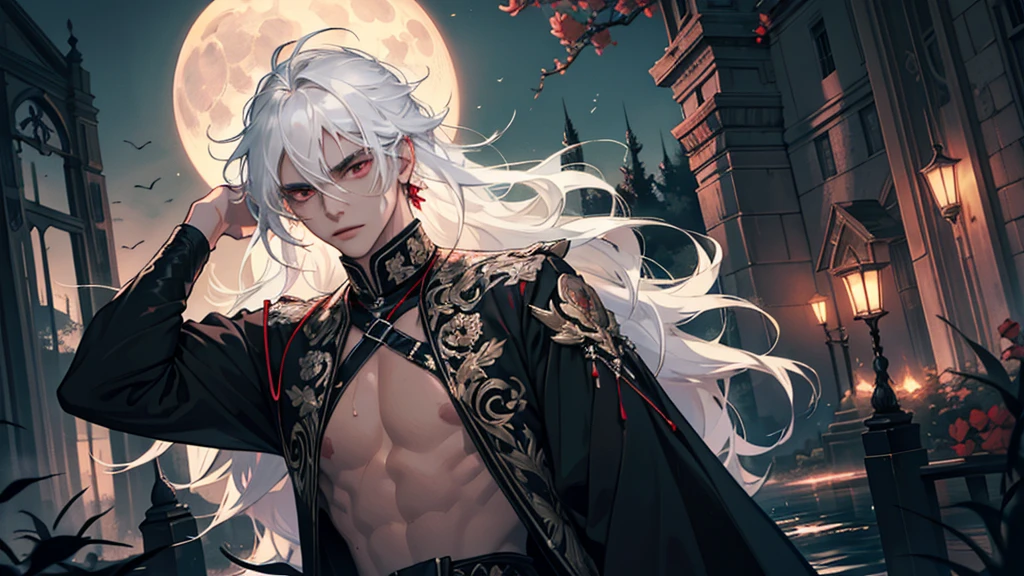 A young man with a slightly effeminate face and long white hair, bathing in blood at night by moonlight, his red eyes illuminated by the moonlight, wet clothes, red and white flowers, ruins, greenery, nature, detailed face, detailed body, detailed eyes, black eyebrows, lots of blood.