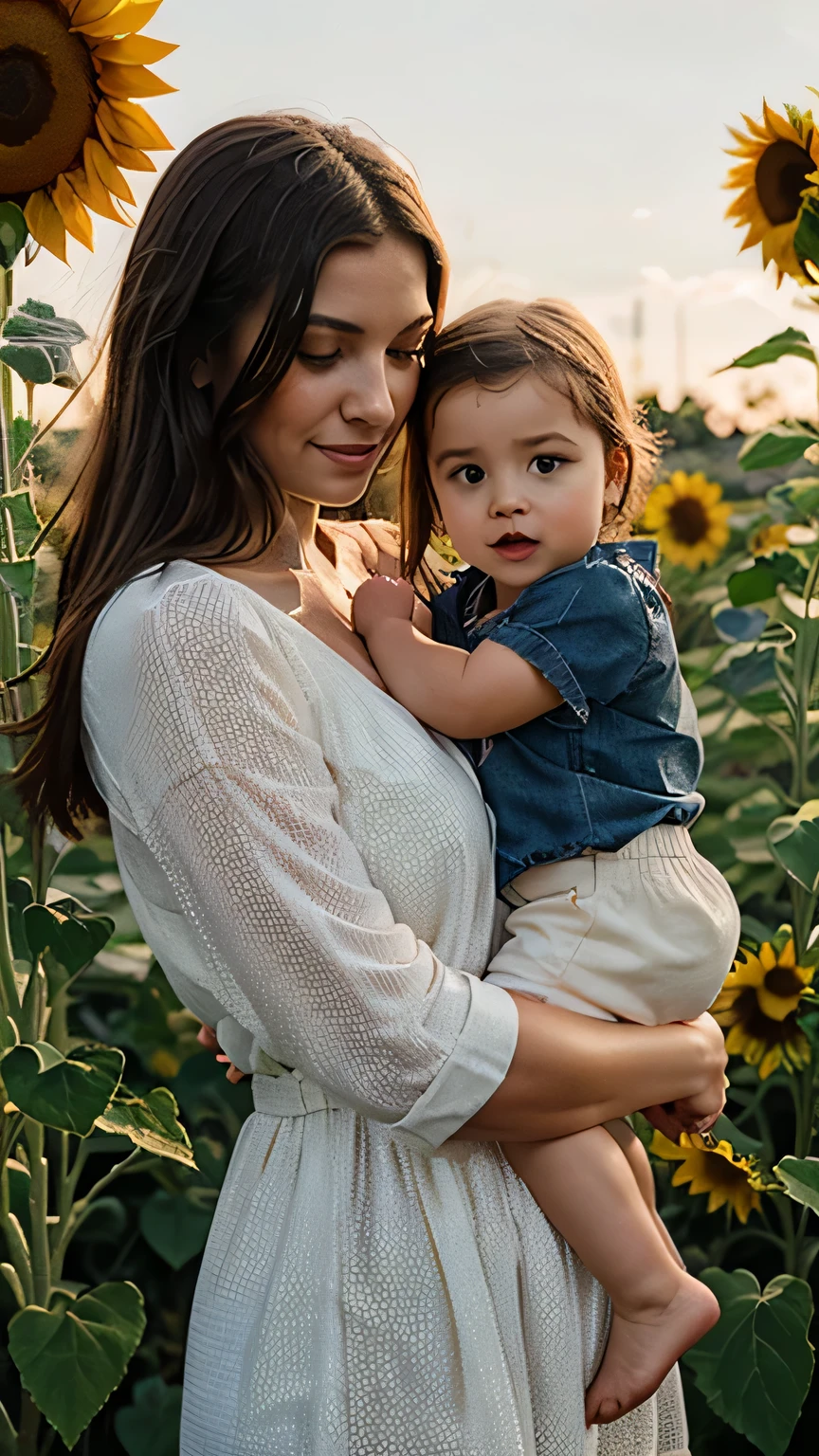 mother holding your daugther, sunflowers in background