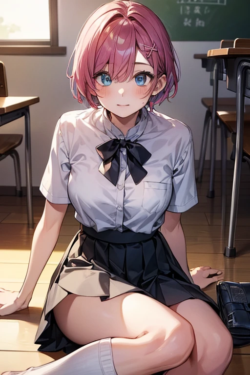 (masterpiece, top quality, best quality, official art, beautiful and aesthetic:1.2), (1girl),upper body, extreme detailed,(fractal art:1.3),colorful,highest detailed, ichikanakano, ichika nakano, short hair, bangs, blue eyes, hair between eyes, pink hair, BREAK skirt, shirt, , white shirt, short sleeves, pleated skirt, shoes, socks, collared shirt, bare foot, detailed feet, toes, feet, sweater, white socks, green skirt, loafers, clothes around waist, BREAK looking at viewer, BREAK indoors, classroom, pov from feet, (masterpiece:1.2), best quality, high resolution, unity 8k wallpaper, (illustration:0.8), (beautiful detailed eyes:1.6), extremely detailed face, perfect lighting, extremely detailed CG, (perfect hands, perfect anatomy),
